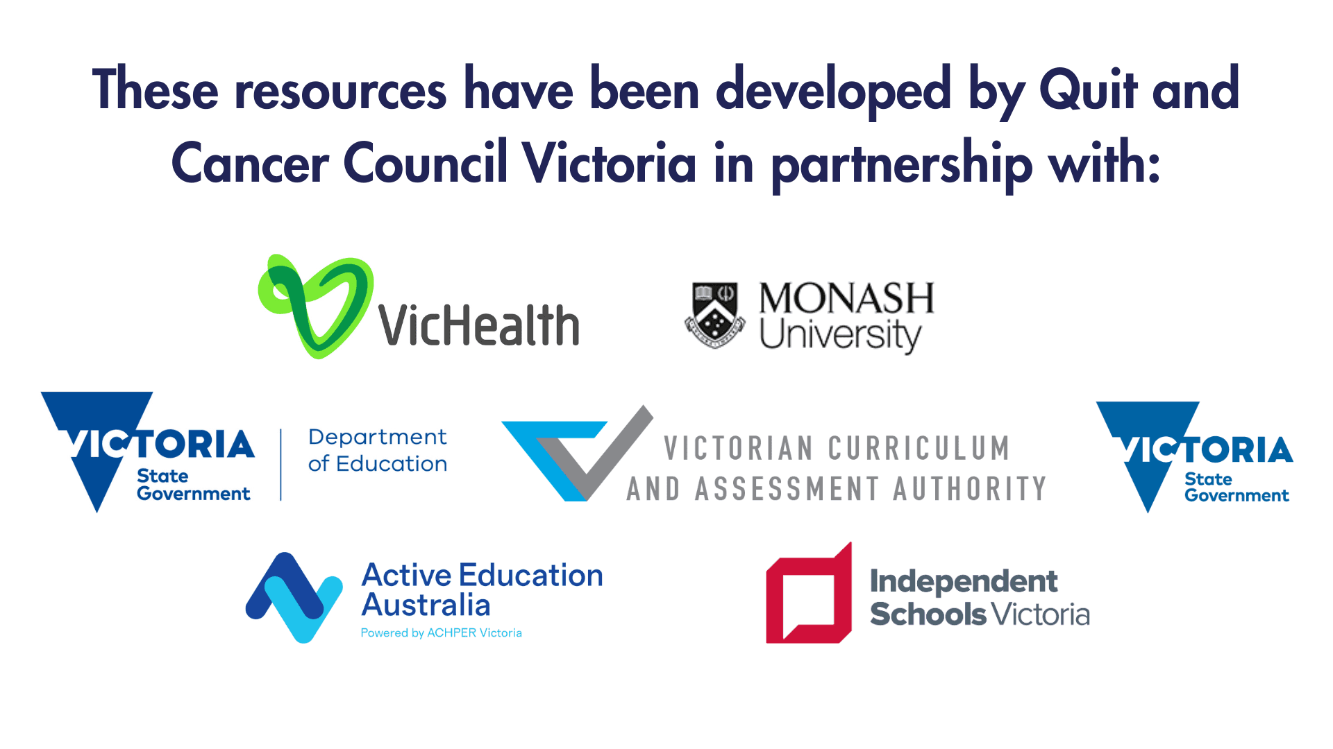 Logos: VicHealth, Monash University, Victoria State Government | Department of Education, Victorian Curriculum, Victoria State Government, Active Education Australia, Independent Schools Victoria